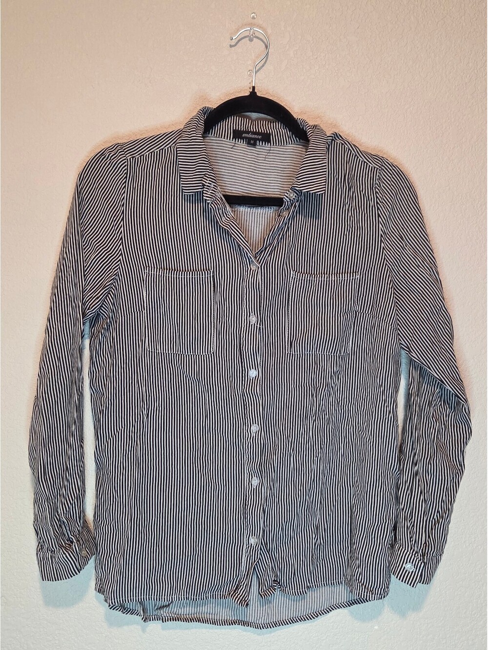 Ambiance Black and White Striped Long Sleeve Button-Up Shirt Medium